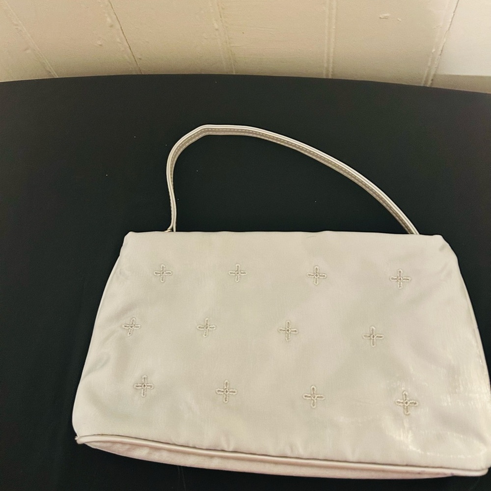 New Vintage Avon Silver/Gray Satin Bag With Delicate Beaded Cross Embellishments